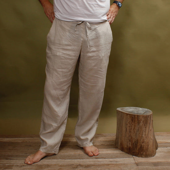 White Mens 100 Linen Beach Tapered Pants Trousers Relaxed Fit - Cholp